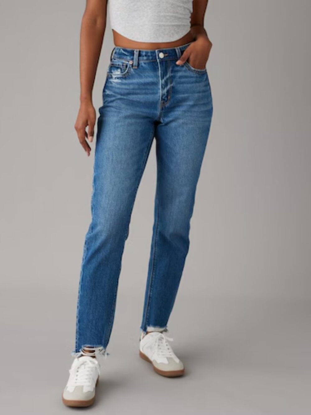 American Eagle Women's Blue Stone Wash Strigid Hem Ankle Mom Jeans Size 4